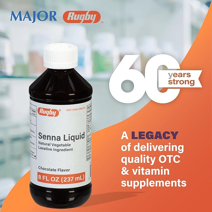 Rugby 8.8 mg Senna Liquid - Made with Natural Vegetable Laxative Sennosides - Promotes Occasional Constipation Relief - Chocolate Flavored - 8 Fl. Oz.