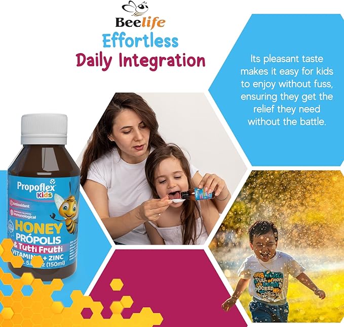 Beelife Bee Propolis Cough Syrup Kids- Triple-Action - Natural Syrup, Brazilian Green Propolis, Zinc, Bromelain, Vitamin C- Support Immunity & Recovery - from Brazil, Tutti Fruit Flavor, 150 ml