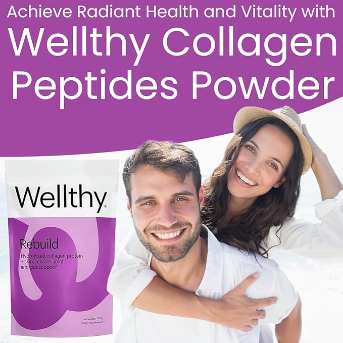 Wellthy Collagen Peptides Protein Powder - Grass Fed Hydrolyzed Collagen for Hair Growth, Skin, Nails, Gut and Joint Support - 20,000mg Collagen & 18g Protein | Unflavored (15 Servings)