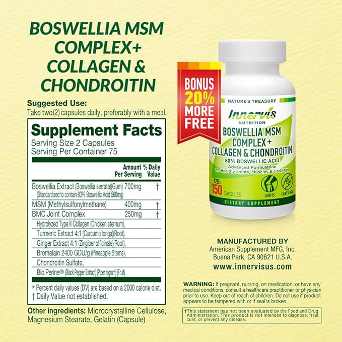 Boswellia MSM Complex + Collagen & Chondroitin | 80% Boswellic Acid | Joint Support Supplement for Mobility & Flexibility | Turmeric, Ginger, Bromelain, BioPerine® | 150 Capsules
