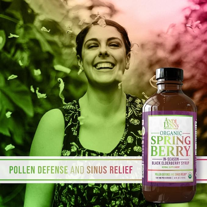Andi Lynn’s SpringBerry, Organic Black Elderberry Syrup, Pollen Defense & Sinus Relief for Seasonal Allergies, Herbal Immune Support Supplement for Kids & Adults, 4 oz