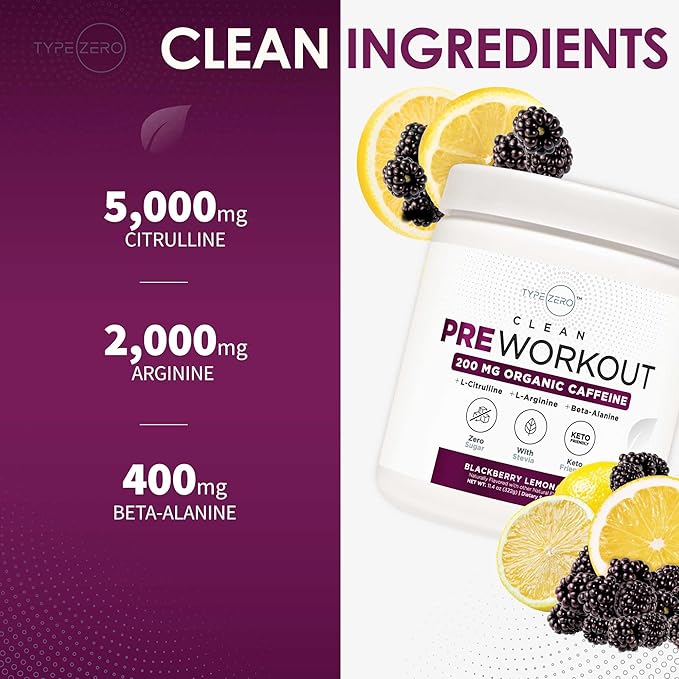 Type Zero Clean Pre Workout (11.3 oz | BlackBerry Lemonade) + Beet Root + L-Arginine + L-Citrulline - 2G Arginine, L-Citrulline Malate, Sugar Free, Organic Caffeine Preworkout