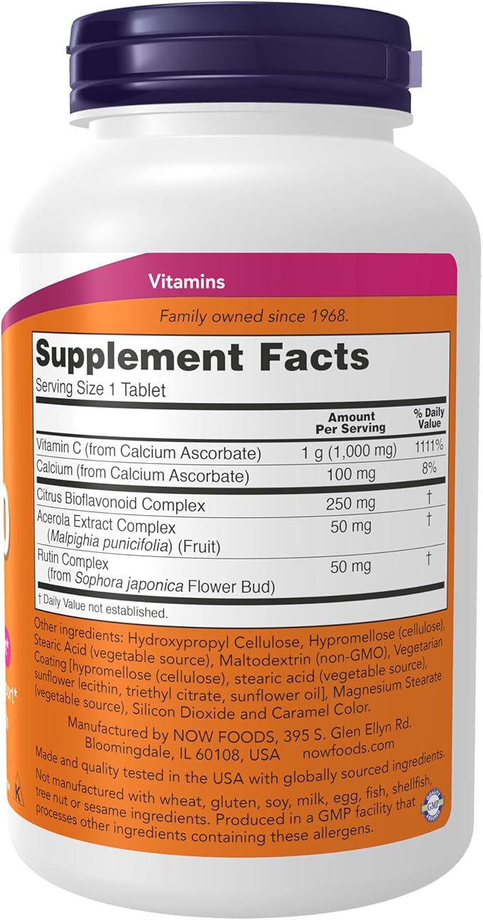 NOW Foods Supplements, Vitamin C-1000 Complex with 250 mg of Bioflavonoids, Buffered, Antioxidant Protection*, 180 Tablets