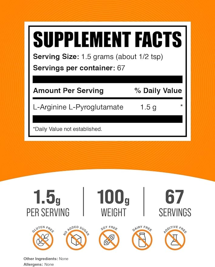 BulkSupplements.com L-Arginine L-Pyroglutamate Powder - Arginine Supplement, Nitric Oxide Supplement - Gluten Free, 1.5g per Serving, 100g (3.5 oz) (Pack of 1)