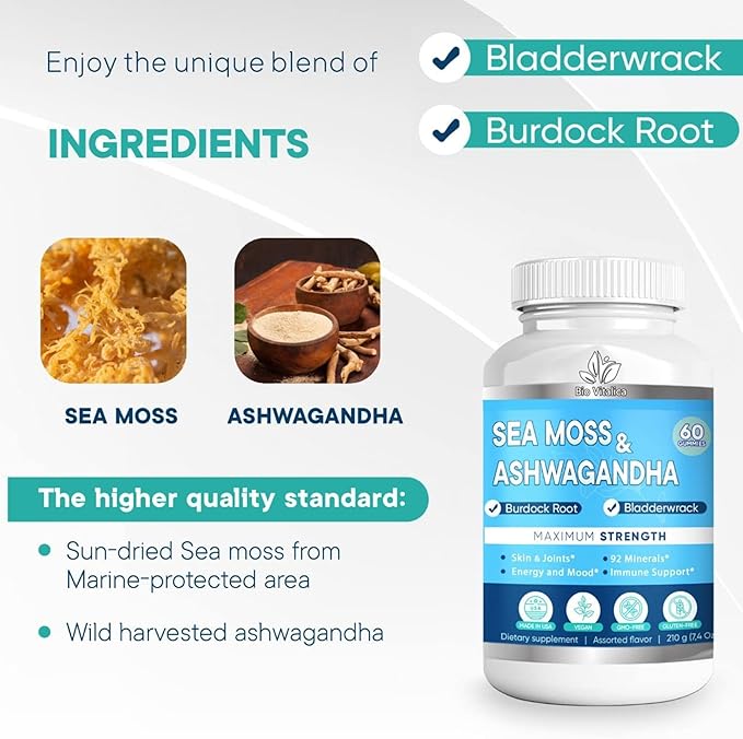 BIO VITALICA Sea Moss Ashwagandha Gummies - Organic Irish Seamoss & Ashwa Root Powder Supplements for Supporting Energy & Immunity for Men and Women - 6 Packs