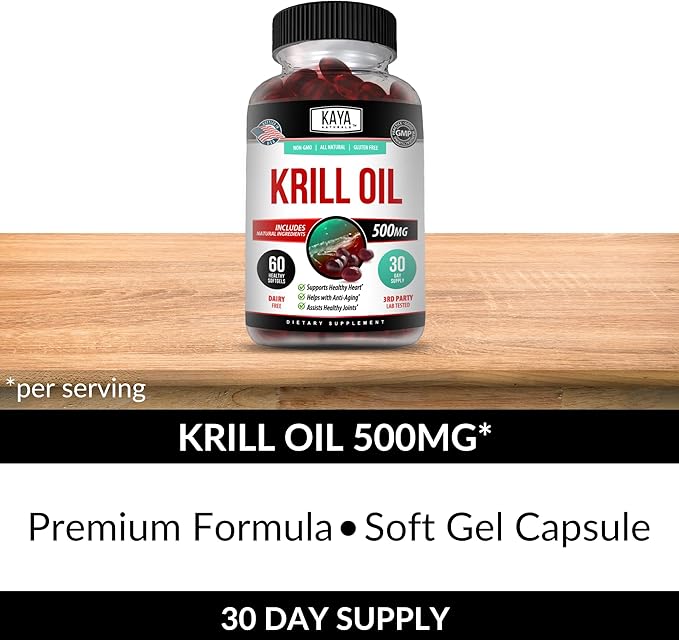 Kaya Naturals - Antarctic Krill Oil 500mg with Omega 3, EPA, DHA, Phospholipids & Astaxanthin Supplement - Brain & Health Vitamin - Anti Aging Supplement - 60 Count Softgels
