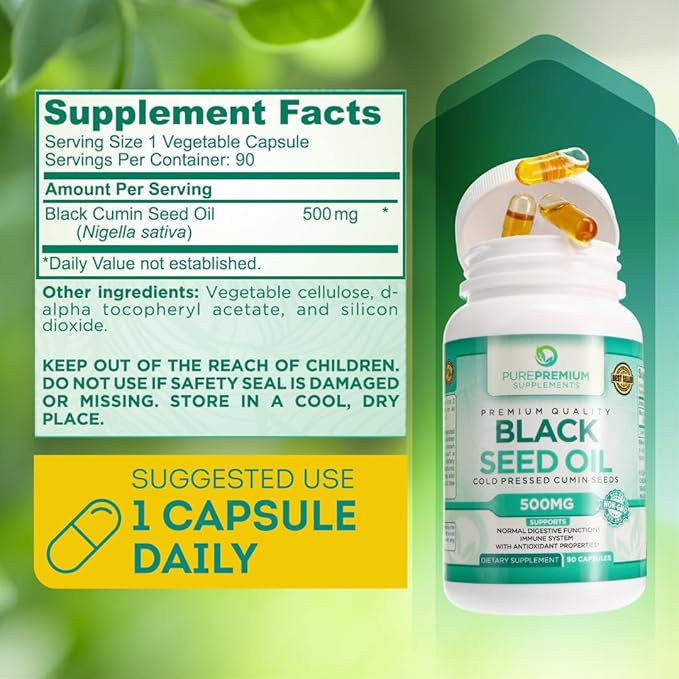 PurePremium Black Seed Oil 500mg - Organic Nigella Sativa Seeds and Cold Pressed Black Cumin Oil Extract - Hair & Skin Supplement for Men and Women - 3 Months Supply - 90 Capsule
