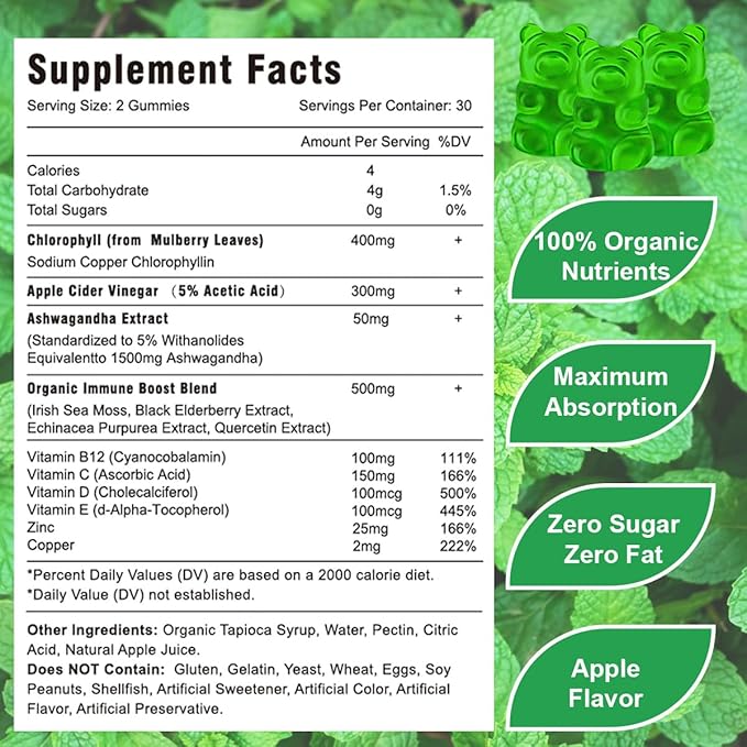 2 Pack Chlorophyll Gummies with Ashwagandha Vitamin C Zinc for Body Odor Skin Energy Immune Support Deodorant, Apple Flavor 120 Cts