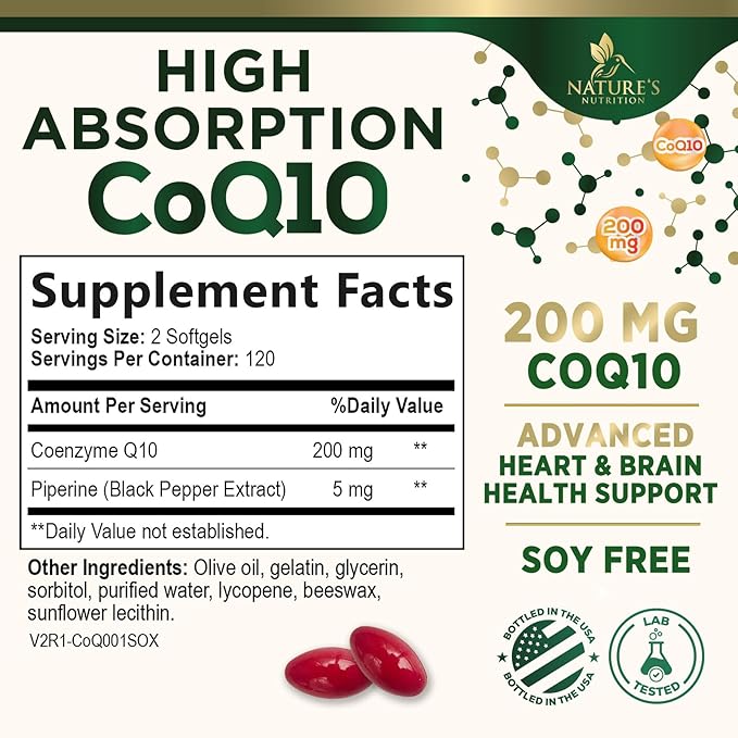 CoQ10 200mg Softgels - Better Absorption, Antioxidant for Heart Health & Cellular Energy Support - Nature's Co Q10 Vitamins, Non-GMO & Gluten Free, Coenzyme Q10 Supplement - 240 Softgels