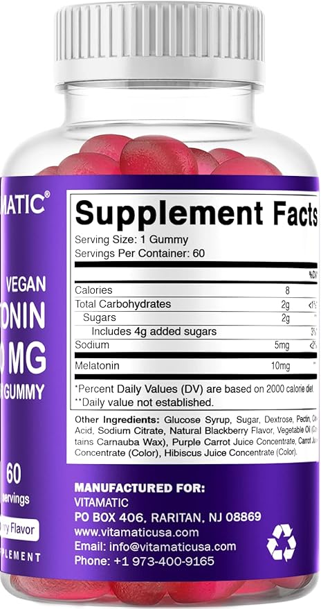 Vitamatic Melatonin 10 mg per Gummy - 60 Servings - 60 Vegetarian Gummies - Non-Habit Forming Supplement