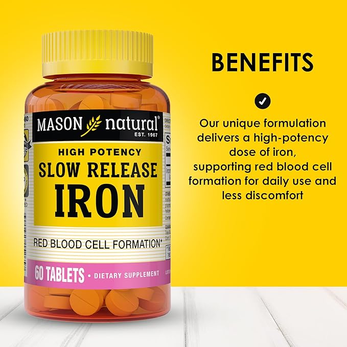 Mason Natural Slow-Release Iron (Ferrous Sulfate) 50 mg Tablets, 180 Day Supply, High Potency Supplement, Gentle on Stomach, 1-Pack