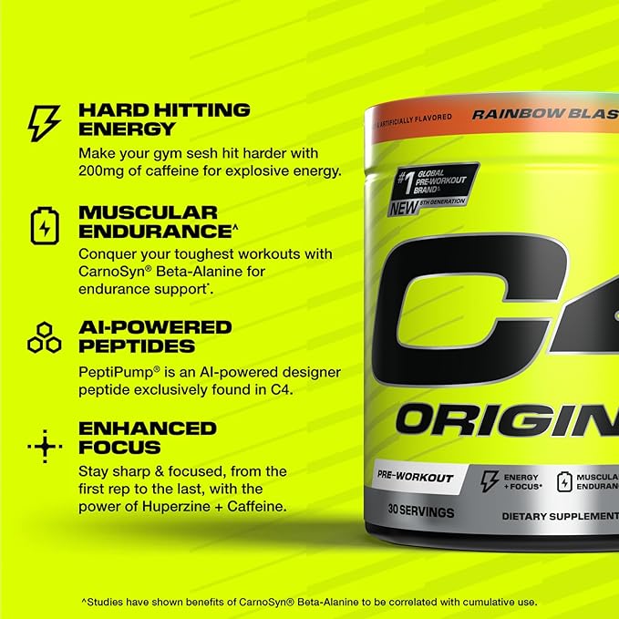 Cellucor C4 Original Pre Workout Powder Sugar Free for Men & Women 200mg Caffeine + CarnoSyn Beta-Alanine + Creatine + AI Peptides - Rainbow Blast, 30 Servings
