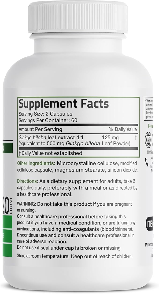 Bronson Ginkgo Biloba Extra Strength Supports Brain Function & Memory Support, 120 Vegetarian Capsules