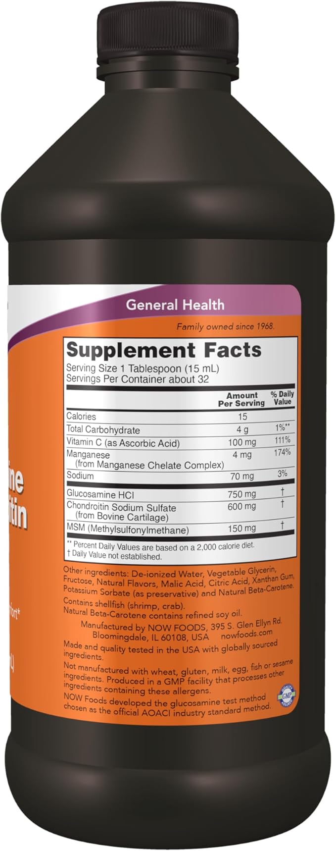 NOW Supplements, Glucosamine & Chondroitin with MSM, Liquid, Joint Health, Mobility and Comfort*, 16-Ounce