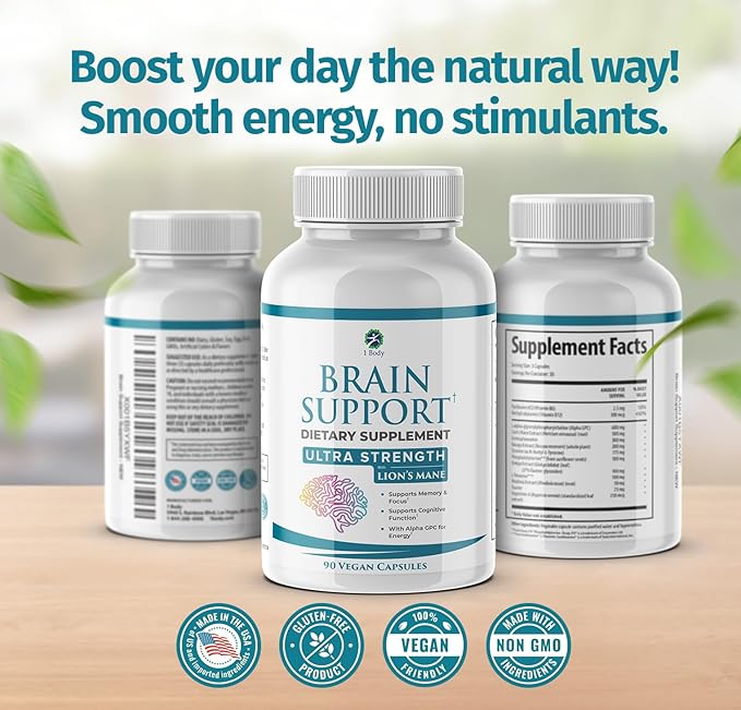 1 Body Brain Supplement Capsules with Lions Mane for Memory and Focus - Nootropics, Alpha GPC, Bacopa Monnieri