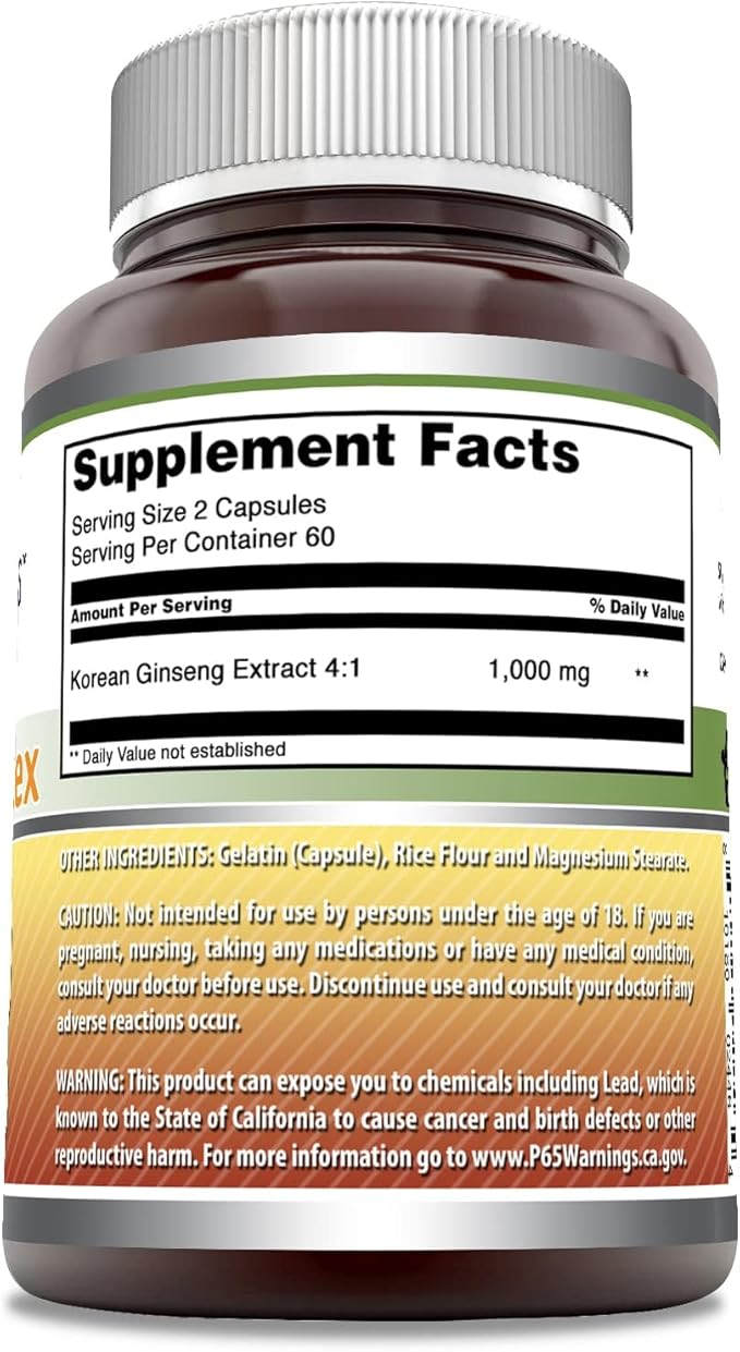 Amazing Formulas Ginseng Complex 1000mg of 4:1 Korean Ginseng Extract, Capsules Supplement | Non-GMO | Gluten Free | Made in USA (120 Count | 2 Pack)