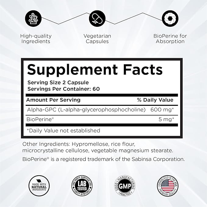 Alpha GPC Supplement & BioPerine for Hyper Absorption - 120 Count, 600mg Serving - Nootropics for Memory, Focus, Energy, Motivation - Choline Supplements to Boost Acetylcholine, USA Made by RevSci