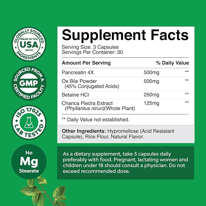Gallbladder Support Digestive Enzymes with Ox Bile - Purified Ox Bile Salts for No Gallbladder & Pancreas Cleanse, Detox & Repair - Digestion Supplement with Pancreatin & Chanca Piedra - 90 Capsules