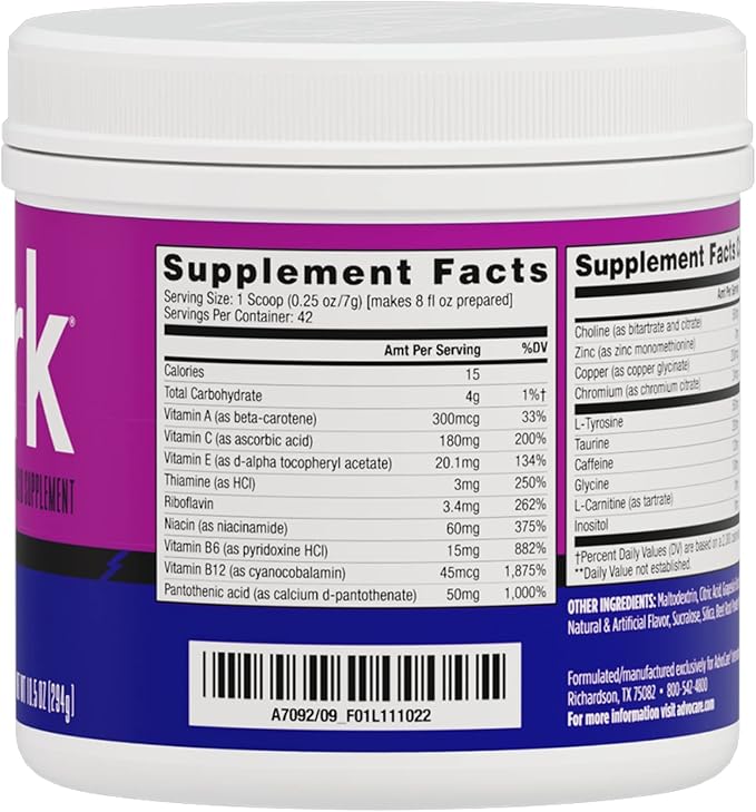 AdvoCare Spark Vitamin & Amino Acid Supplement - Focus & Energy Drink Powder Mix with Vitamin A, B-6, C & E - Also Includes L-Carnitine & L-Tyrosine - Grape - 10.5 oz