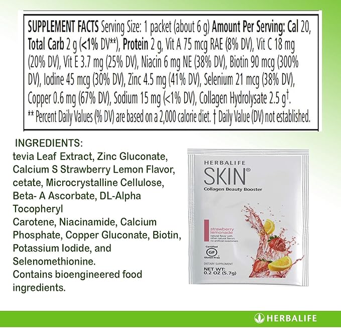 Herbalife Skin Strawberry Lemonade 30 Packets (5.7G) Skin Collagen Beauty Booster: No Artificial Flavor, No Artificial Sweeteners, Gluten-Free