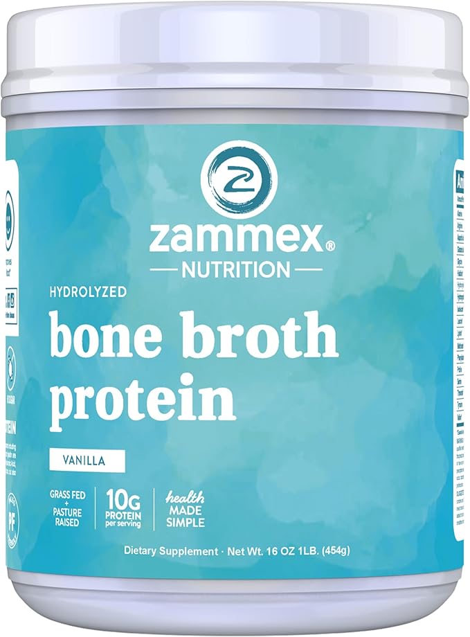 Zammex Bone Broth Protein Powder, Pure Grass Fed Beef, Vanilla Protein Powder,Hydrolyzed Collagen Supplement for Healthy Skin,Nails,Hair,Joints, Non-GMO,Gluten Free, Great in Shakes