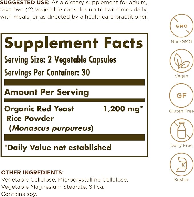 Solgar Red Yeast Rice 600 mg - 60 Vegetable Capsules - Non-GMO, Vegan, Gluten Free, Dairy Free, Kosher - 30 Servings