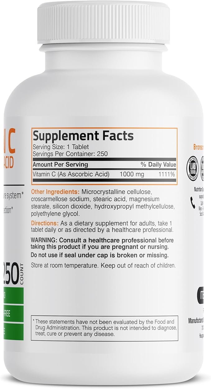 Bronson Vitamin C 1000mg Premium Non-GMO Ascorbic Acid Tablets, 250 Count