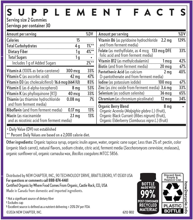 New Chapter Kids Multivitamin Gummies - 50% Less Sugar, Kids Gummy Vitamins with Vitamins C, D3 & Zinc, Non-GMO, Gluten Free, Berry-Citrus, 60ct