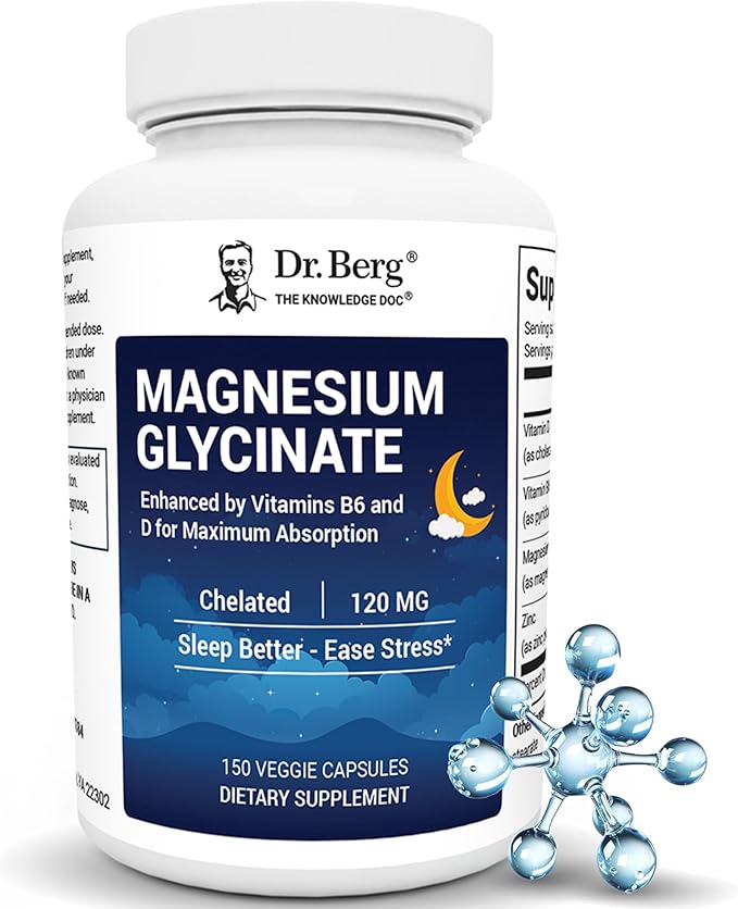 Dr. Berg Magnesium Glycinate with Vitamin D, B6 & Zinc for Stress Relief, Calm, Relaxation, & Good Sleep* - 120 mg Per Magnesium Supplement Capsule - Chelated Magnesium Glycinate - 150 Caps
