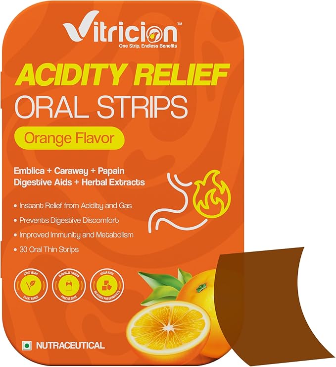 Acidity Relief Oral Strips – 30 Strips – Fast-Dissolving Supplement for Acid Reflux, Bloating & Gas – Natural Digestive Support for Men & Women – Orange Flavor