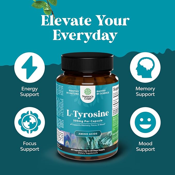 Free Form L Tyrosine 500mg Capsules - High Strength L-Tyrosine Supplement for Mental Energy and Focus Support - Amino Acid Nootropic Supplement for Mood Focus Attention and Cognition (60 Count)