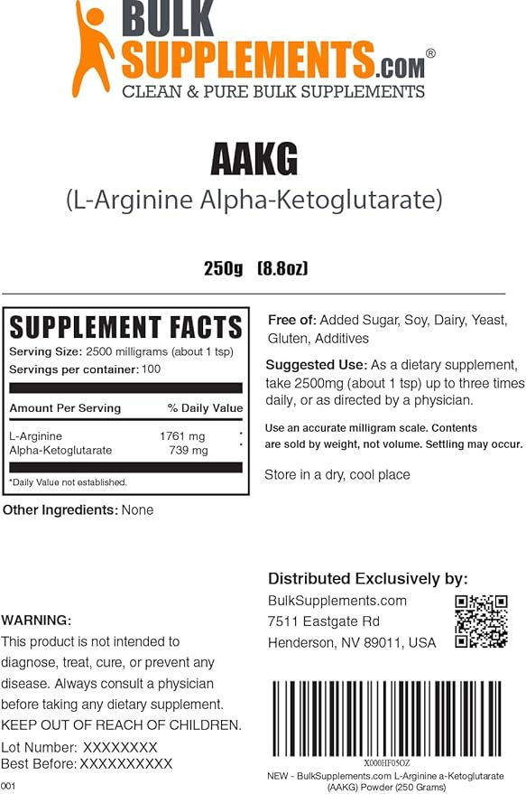 BulkSupplements.com AAKG Powder - Arginine AKG Supplement,Nitric Oxide Supplement - Unflavored & Gluten Free, 2.5g per Serving, 250g (8.8 oz) (Pack of 1)