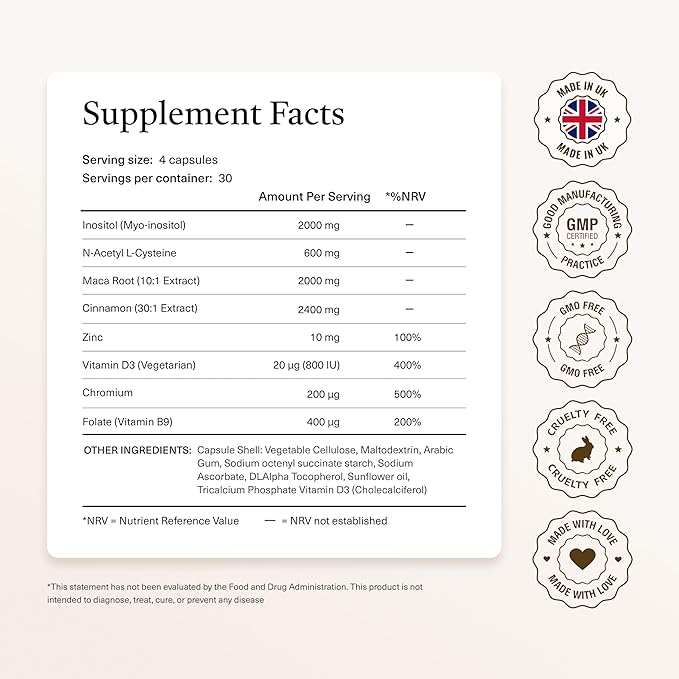 8-in-1 PCOS Support Supplement - 2,000mg Myo Inositol, NAC, Maca Root, Cinnamon, Chromium, Folate, Zinc, Vitamin D3 | Hormone Balance, Ovarian Health & Weight Management Support | 30-Day Supply