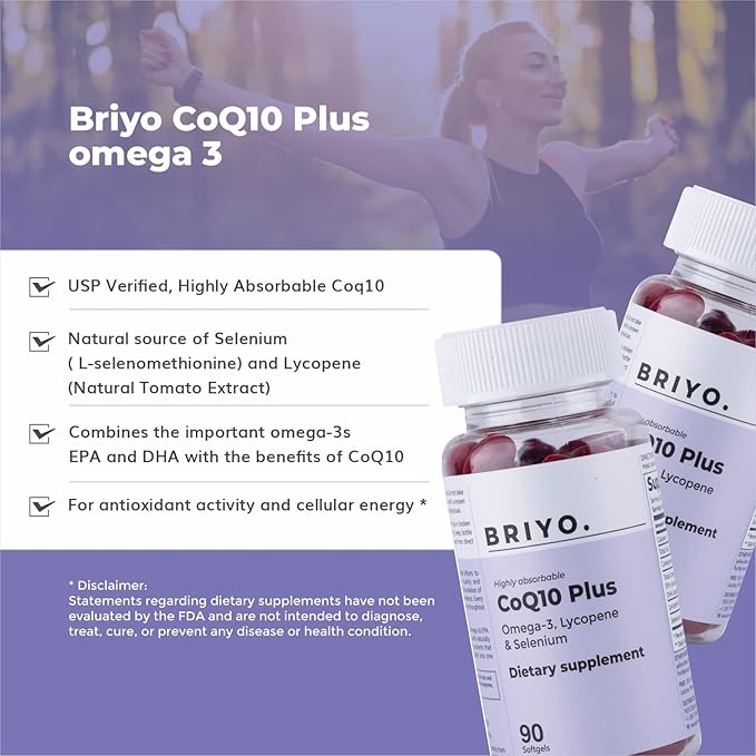 Briyo Highly absorbable CoQ10 100 mg Plus Omega-3 with Natural Form of Lycopene and Selenium, Heart Health Supplement (90 softgels)