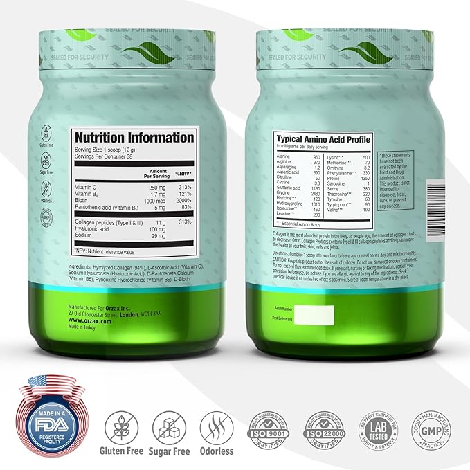 ORZAX Collagen Peptides Powder - 11 g Collagen Type I & III, Biotin & Hyaluronic Acid, 16 oz (Unflavored)