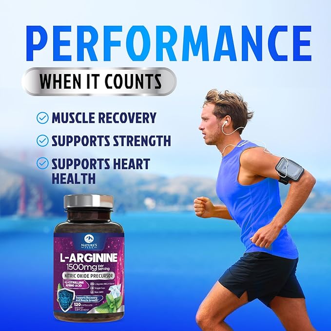 L-Arginine 1000mg Supplement Supports Heart Health - Premium Muscle Supporting Nitric Booster for Strength & Energy to Train Harder - Nature's Non-GMO, Gluten-Free Amino Acid Blend - 120 Capsules
