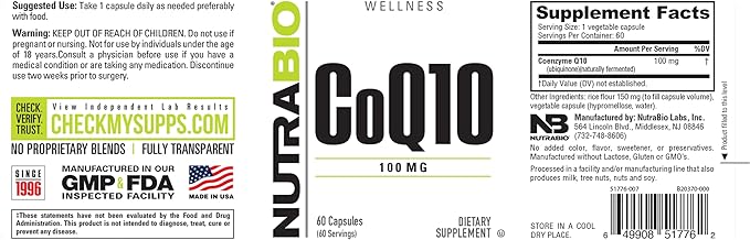 NutraBio CoQ10 Dietary Supplement, Healthy Heart Function & Cellular Energy Production, 100mg - 60 Capsules