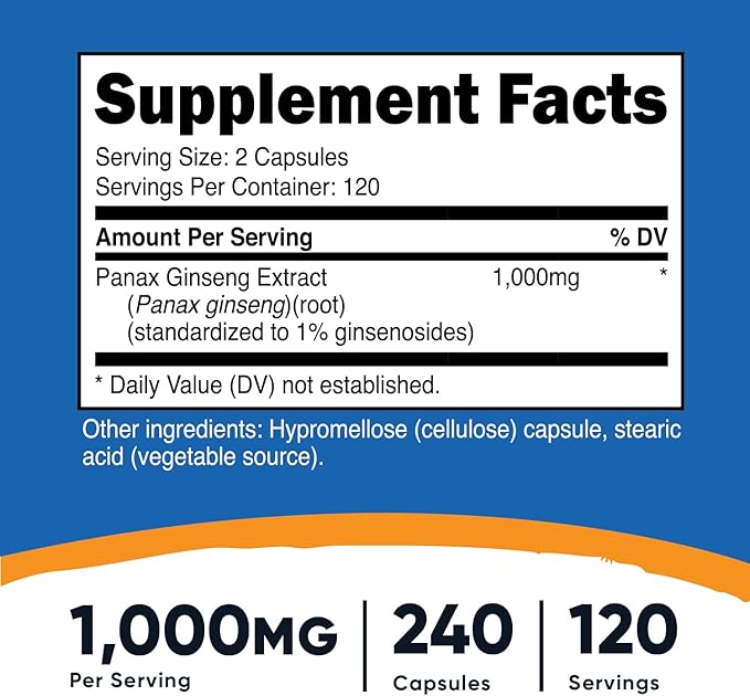 Nutricost Panax Ginseng 1000mg, 240 Capsules (2 Bottles) - Non GMO, Gluten Free, 120 Servings