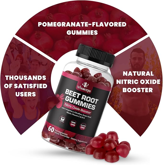 Beet Root Gummies - Super Nitric Oxide Beets Supplement - Red Beetroot Heart Chews with Grape Seed Power & B12- Pomegranate Flavor, 60 Chewables Beets