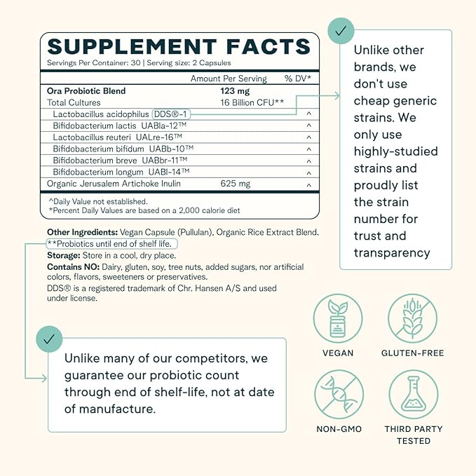 Ora Organic Probiotics with Prebiotics for Digestive Health 16 Billion CFU - Trust Your Gut - Strains - Acidophilus Lactobacillus Breve Bifidum Lactis