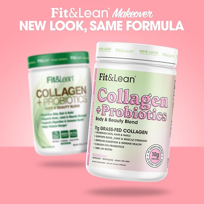 Fit & Lean Collagen + Probiotics- Grass-fed Collagen Peptide Powder, Unflavored, 12.64oz