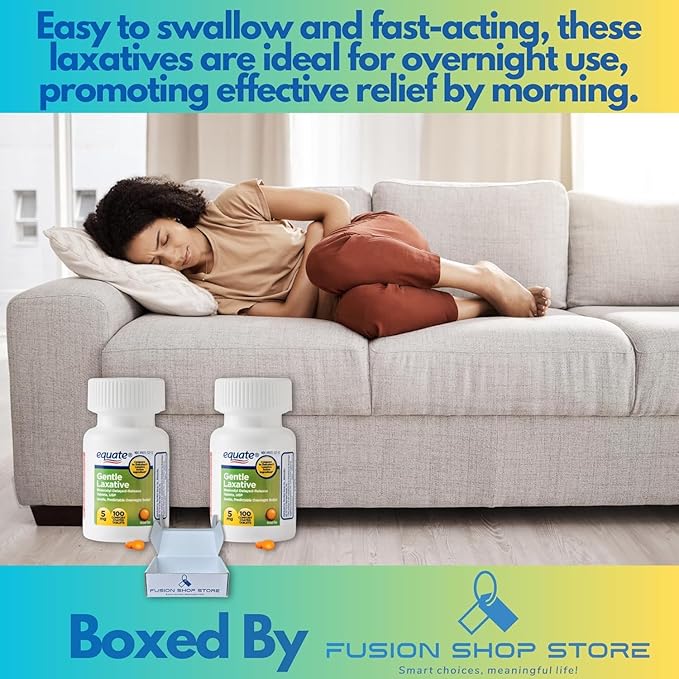 Bisacodyl 5mg Tablets- Equate Gentle Laxative for Constipation 100ct for Daily Use (Pack of 2), Boxed by Fusion Shop Store