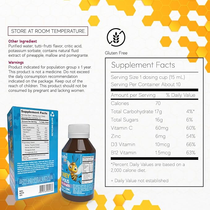 Beelife Bee Propolis Cough Syrup Kids- Triple-Action - Natural Syrup, Brazilian Green Propolis, Zinc, Bromelain, Vitamin C- Support Immunity & Recovery - from Brazil, Tutti Fruit Flavor, 150 ml