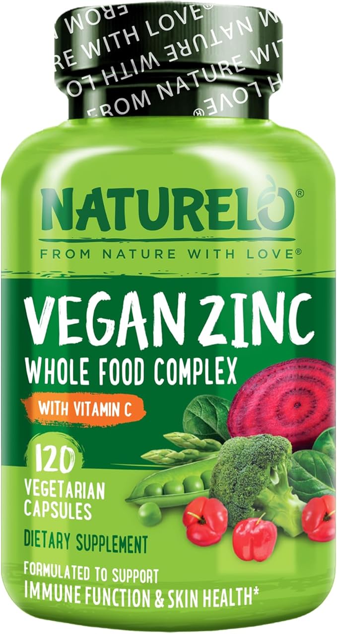 NATURELO Vegan Zinc Immune Support Capsules - Whole Food Complex with Vitamin C for Healthy Skin, Hair, and Nails - 120 Capsules