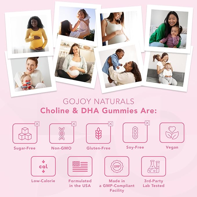Prenatal Choline & DHA Gummies - Preconception to Postnatal Gummy Vitamin Supplement for Pregnant Women - Sweetened with Monk Fruit - 3rd Party Tested - Non GMO, Gluten Free, Vegan