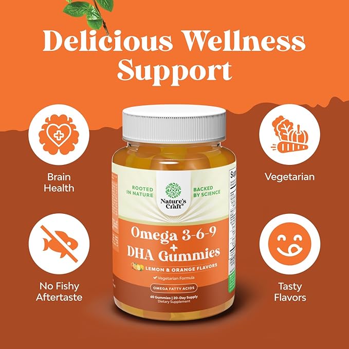 Vegetarian Omega 3 Gummies for Adults - Vegetarian Omega 3 6 9 DHA Gummies for Brain Bone and Heart Health and Joint Support - Burpless Halal Fish Free Plant Based Supplement Men Women