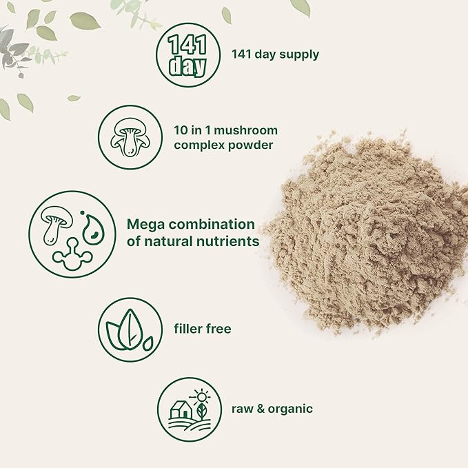 Micro Ingredients Organic Mega Mushroom 10 in 1 Complex Formula Powder for Immune System Booster, 5 Ounce (141 Days Supply), Chaga, Lions Mane, Cordyceps, Shiitake, & More | Filler Free, Vegan