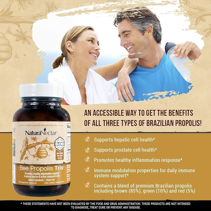 NaturaNectar Natural Bee Propolis Bundle - Trio and Red Propolis - for Immune and Cardiovascular Support and a Healthy Metabolism* - 60 Capsules per Bottle