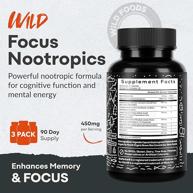 Wild Focus Brain Supplements | Caffeine-Free, Plant-Based Botanicals | Lions Mane, Ginkgo Biloba, Bacopa Monnieri, Lemon Balm | 100% Natural Nootropic | 60 caps