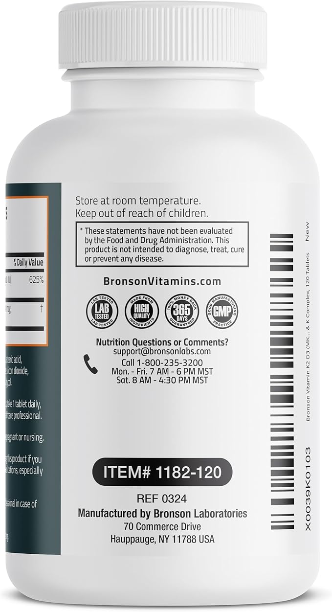 Bronson Vitamin K2 D3 (MK7) Supplement Non-GMO Formula Vitamin D3 5000IU (125 mcg) & 90 mcg K2 MK-7, Easy to Swallow D & K Complex, 120 Tablets